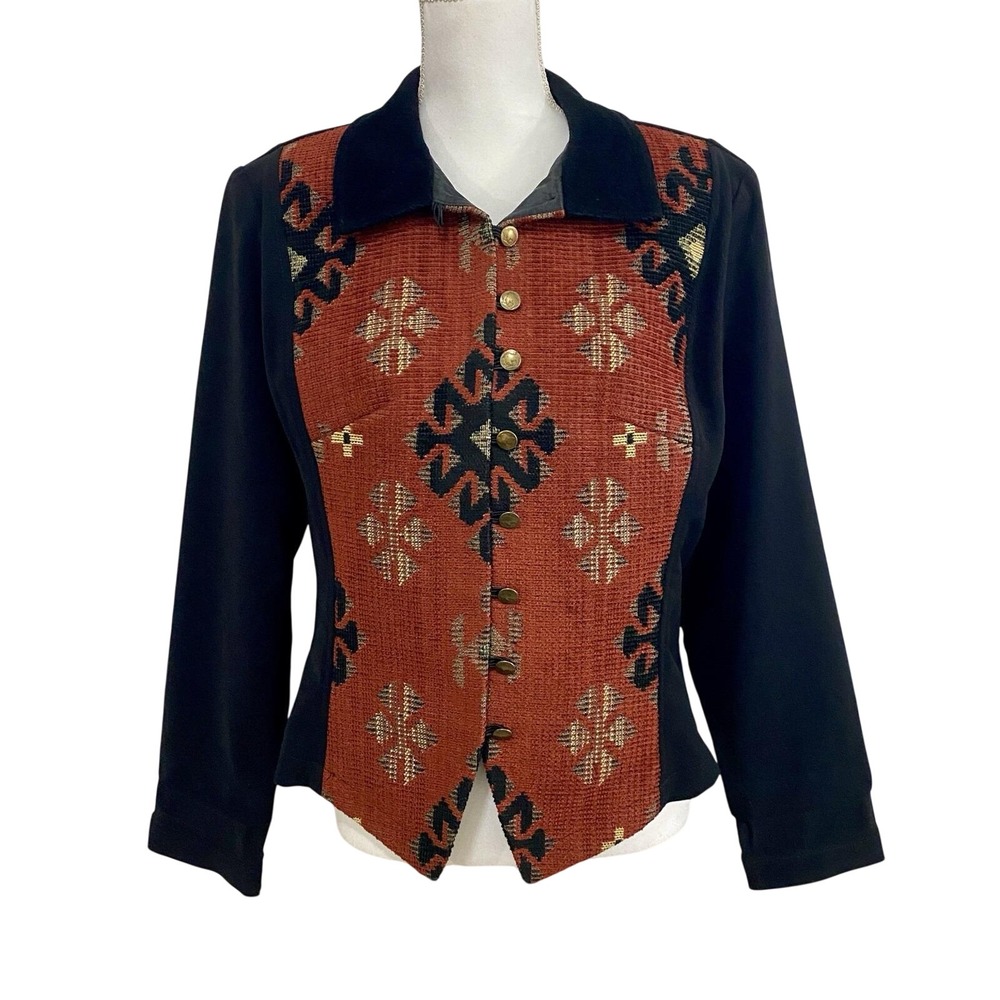 Vintage New Frontier Embroidered Shirt Black Rust Color Western Aztec Size Large